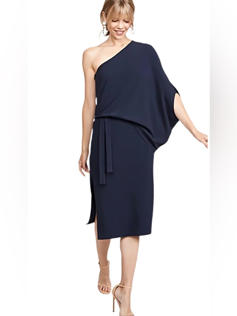 Halston Navy One Shoulder Draped Midi Dress Size 8 NWT